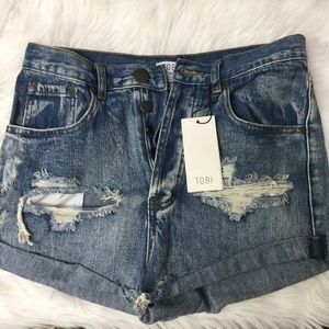 TOBI sz 28 Shorts High Waisted Distressed Rolled Hem Button Fly Pockets Blue NWT